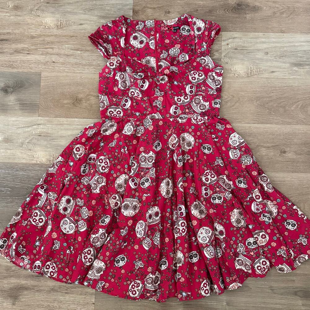 Hell Bunny Dress Womens Red Sugar Skull Knee Length Gothic Rockabilly Pinup